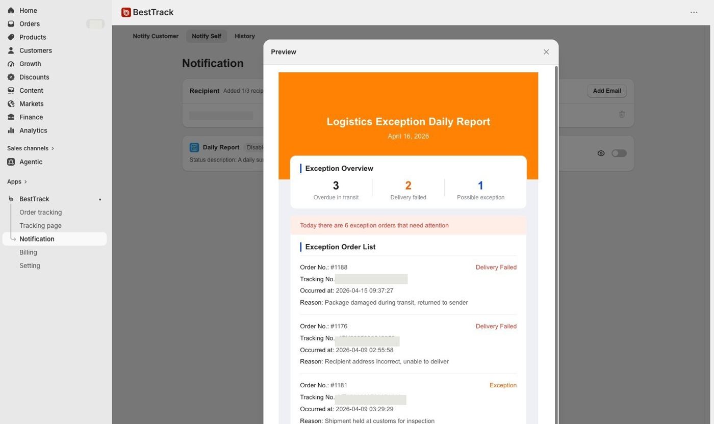 Merchant daily logistics exception report preview