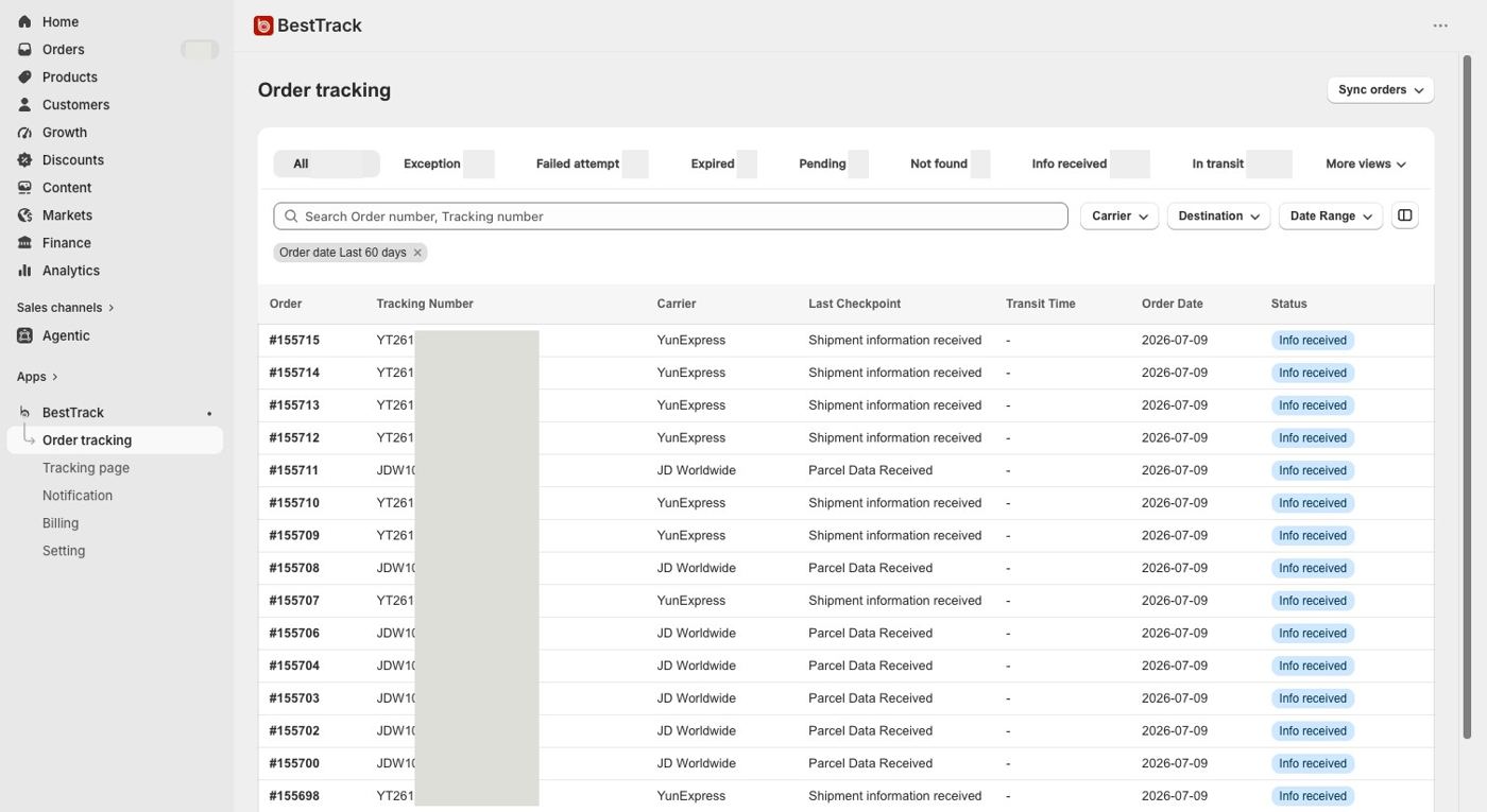 Order tracking dashboard used to filter and export waybill records