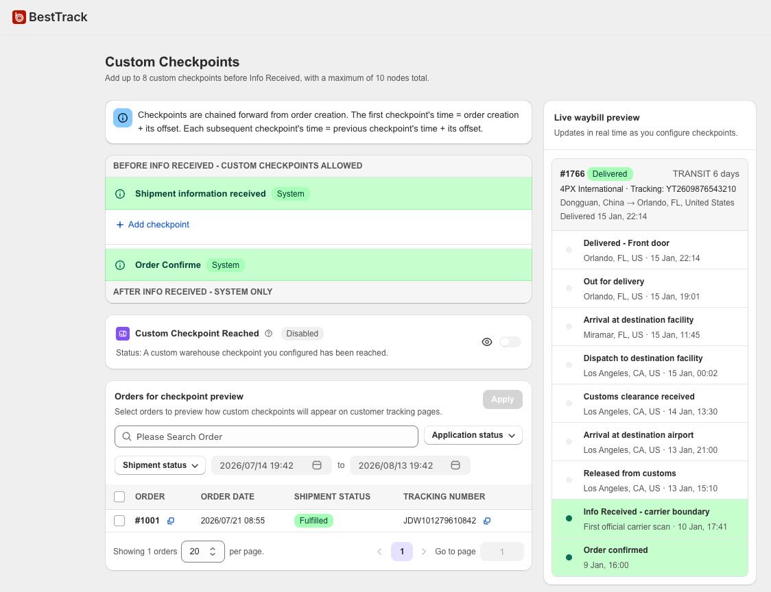 BestTrack Custom Checkpoints settings with checkpoint configuration, order preview selection, and live waybill timeline