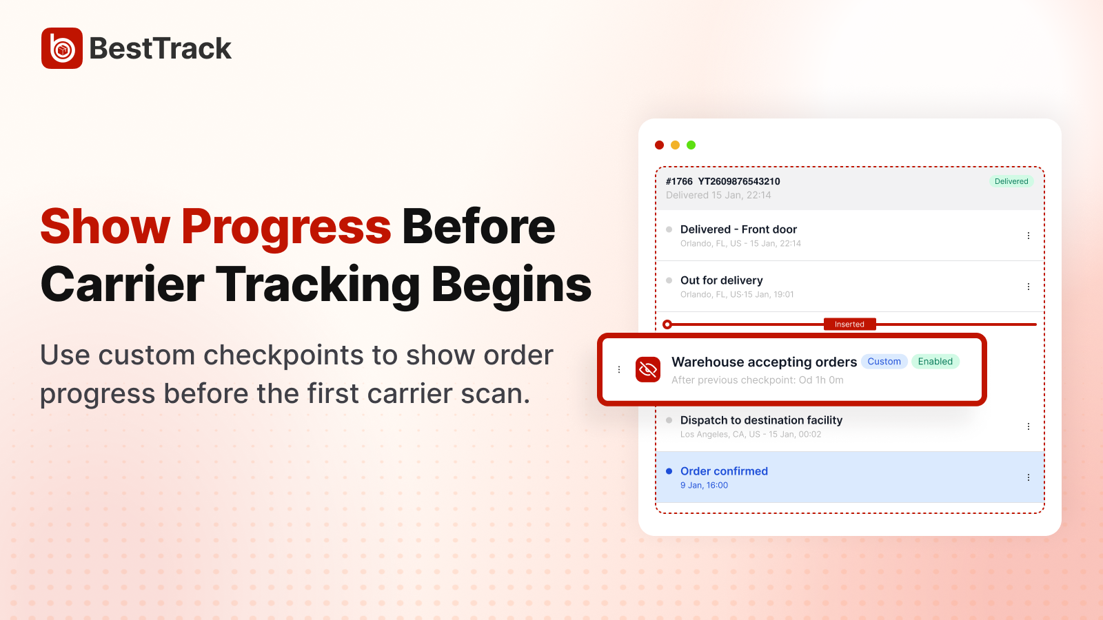 BestTrack custom checkpoints showing progress before carrier tracking begins
