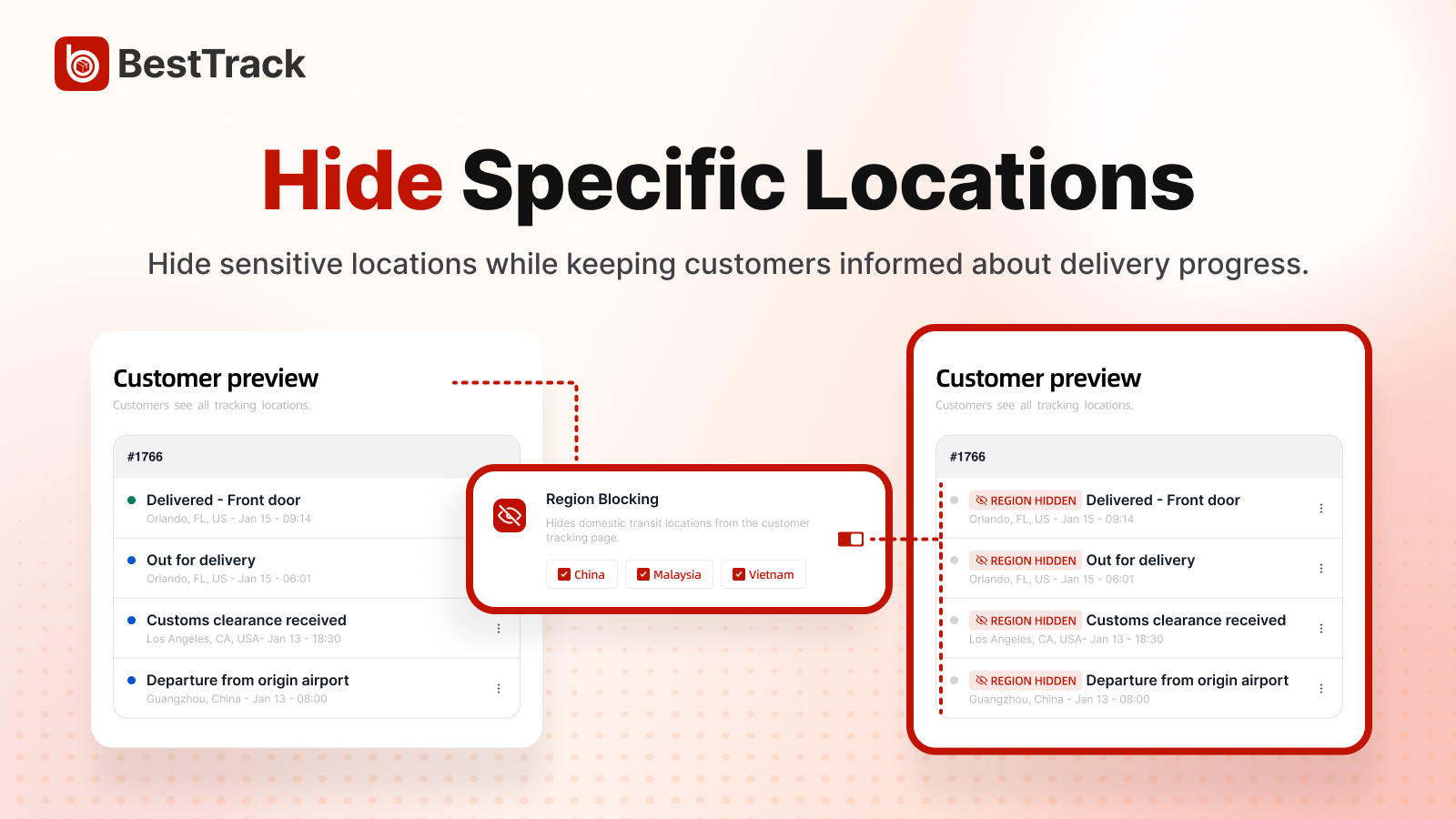 BestTrack Region Blocking customer preview with sensitive locations hidden