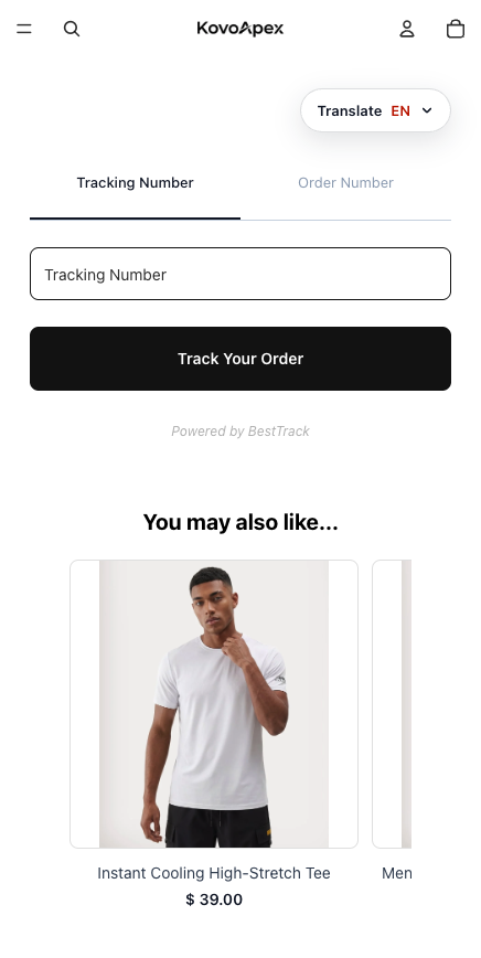 BestTrack mobile tracking page on a KovoApex storefront