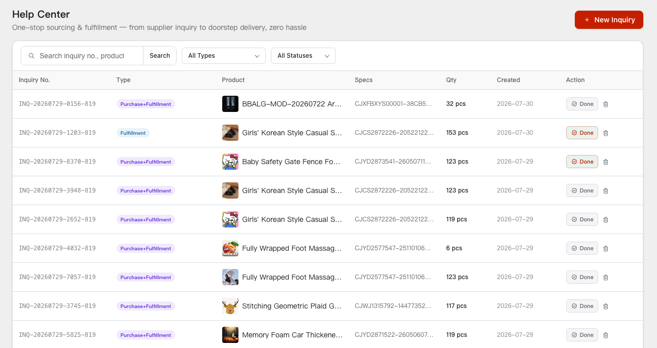 SonarFulfill Inquiry Center listing purchase and fulfillment requests